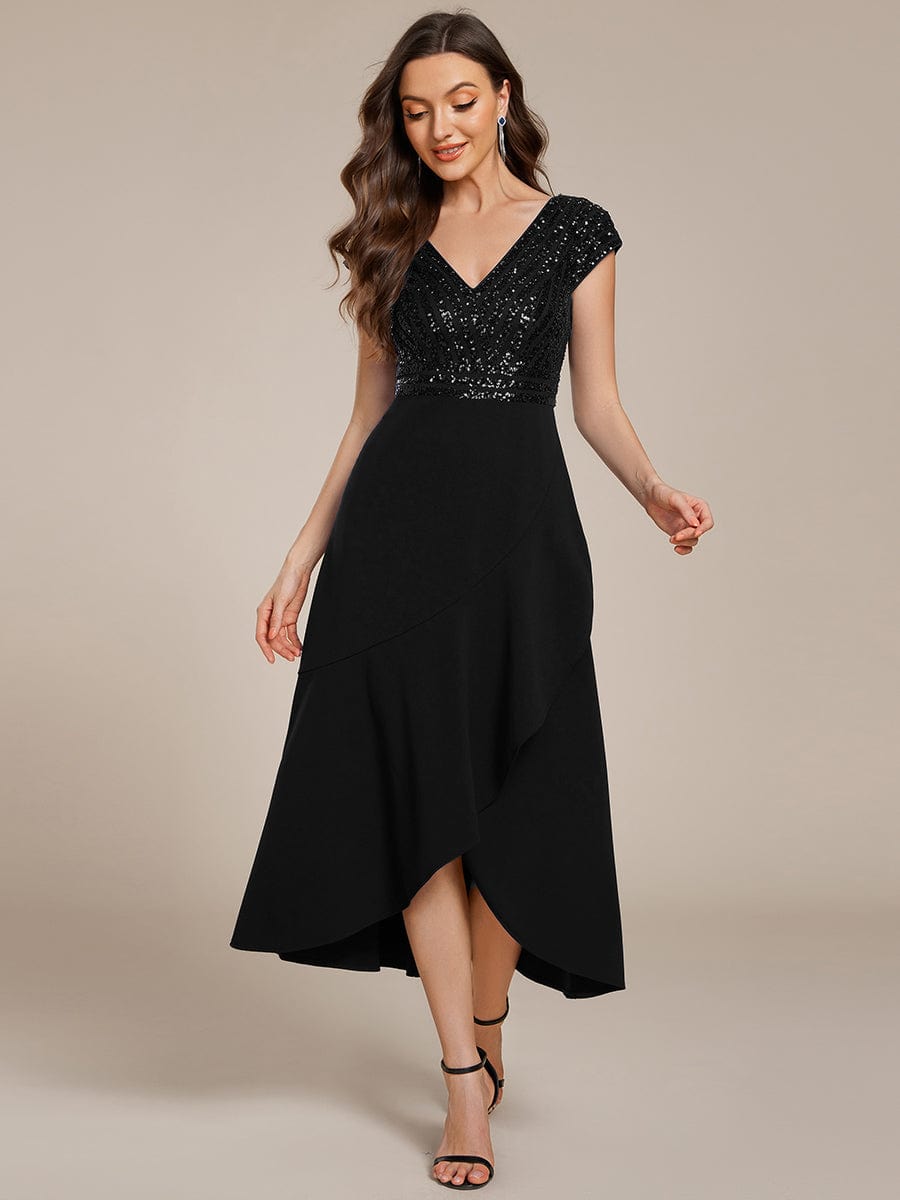 Short Sleeve V-Neck Midi Sequin Formal Dress with Chiffon #color_Black