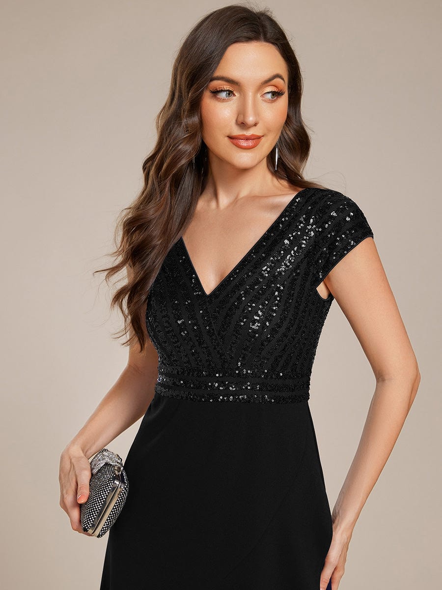 Short Sleeve V-Neck Midi Sequin Formal Dress with Chiffon #color_Black