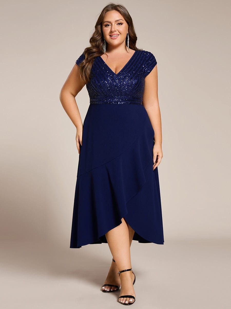 Short Sleeve V-Neck Midi Sequin Formal Dress with Chiffon #color_Navy Blue