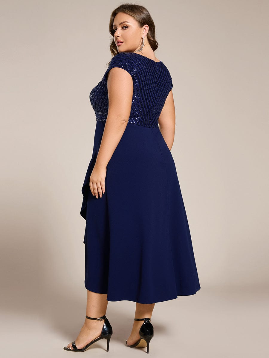 Short Sleeve V-Neck Midi Sequin Formal Dress with Chiffon #color_Navy Blue