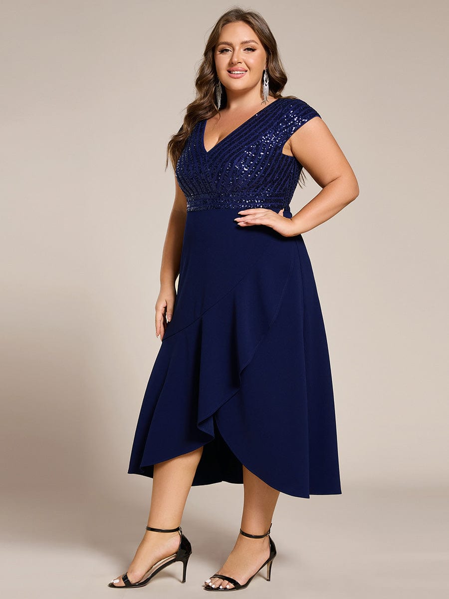 Short Sleeve V-Neck Midi Sequin Formal Dress with Chiffon #color_Navy Blue