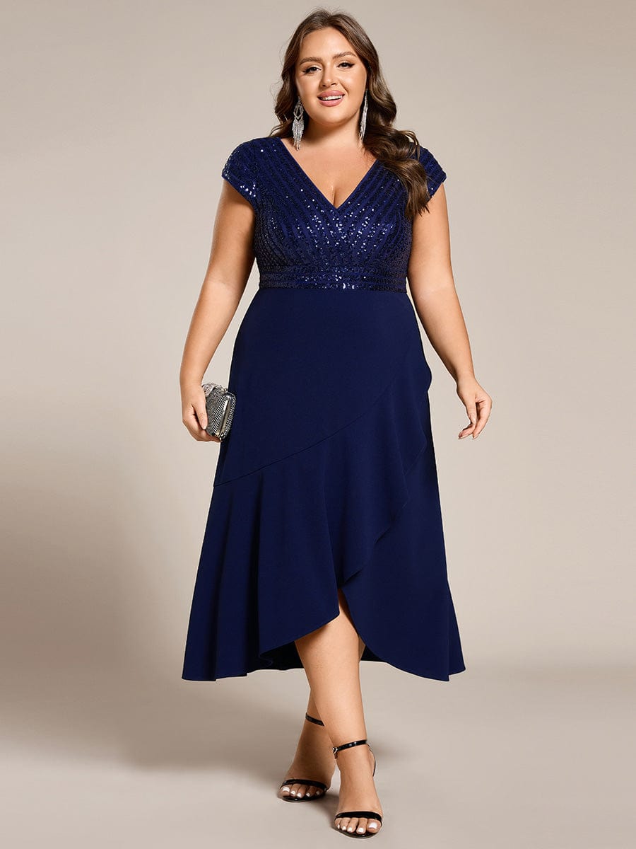 Short Sleeve V-Neck Midi Sequin Formal Dress with Chiffon #color_Navy Blue