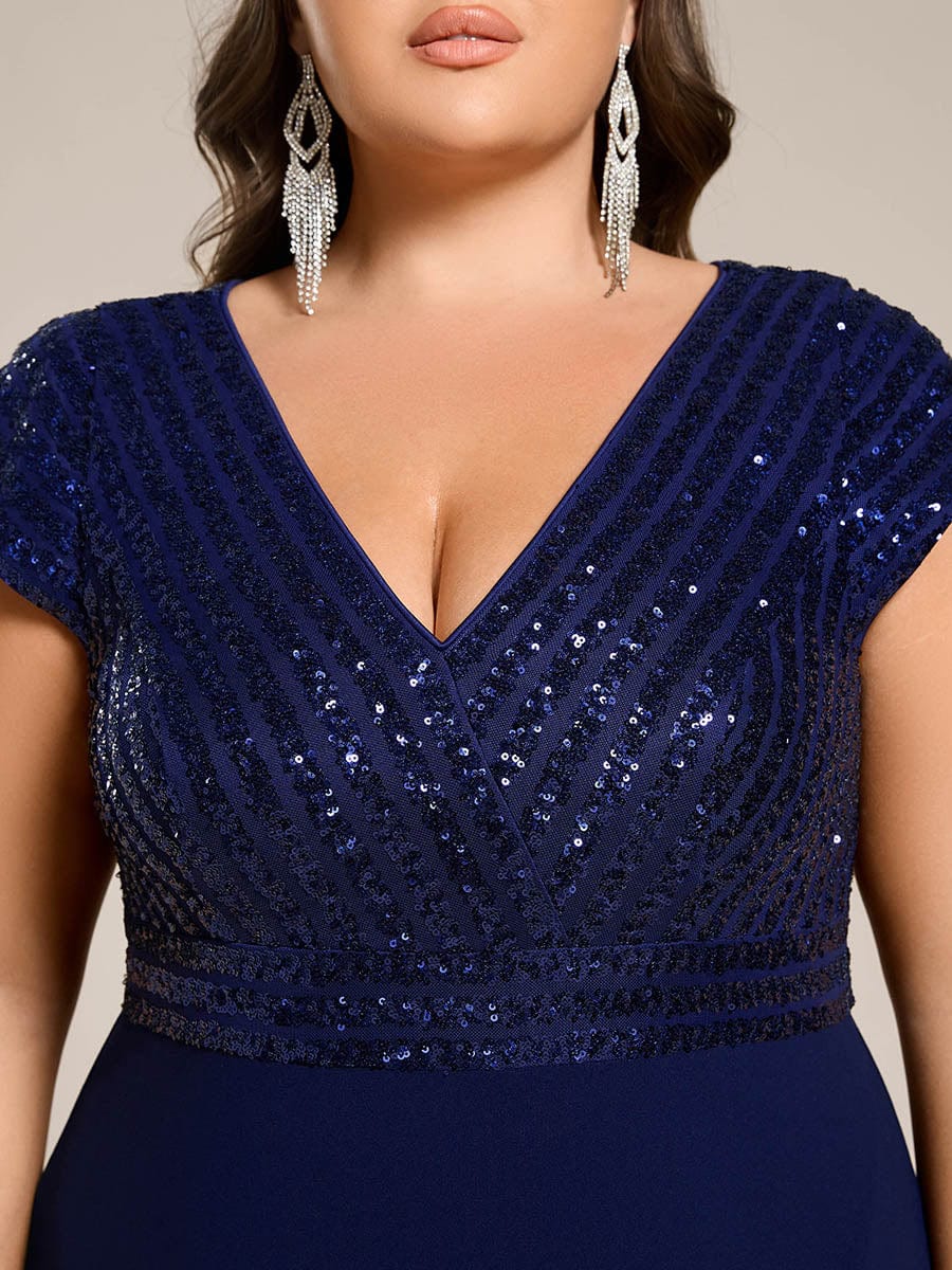 Short Sleeve V-Neck Midi Sequin Formal Dress with Chiffon #color_Navy Blue