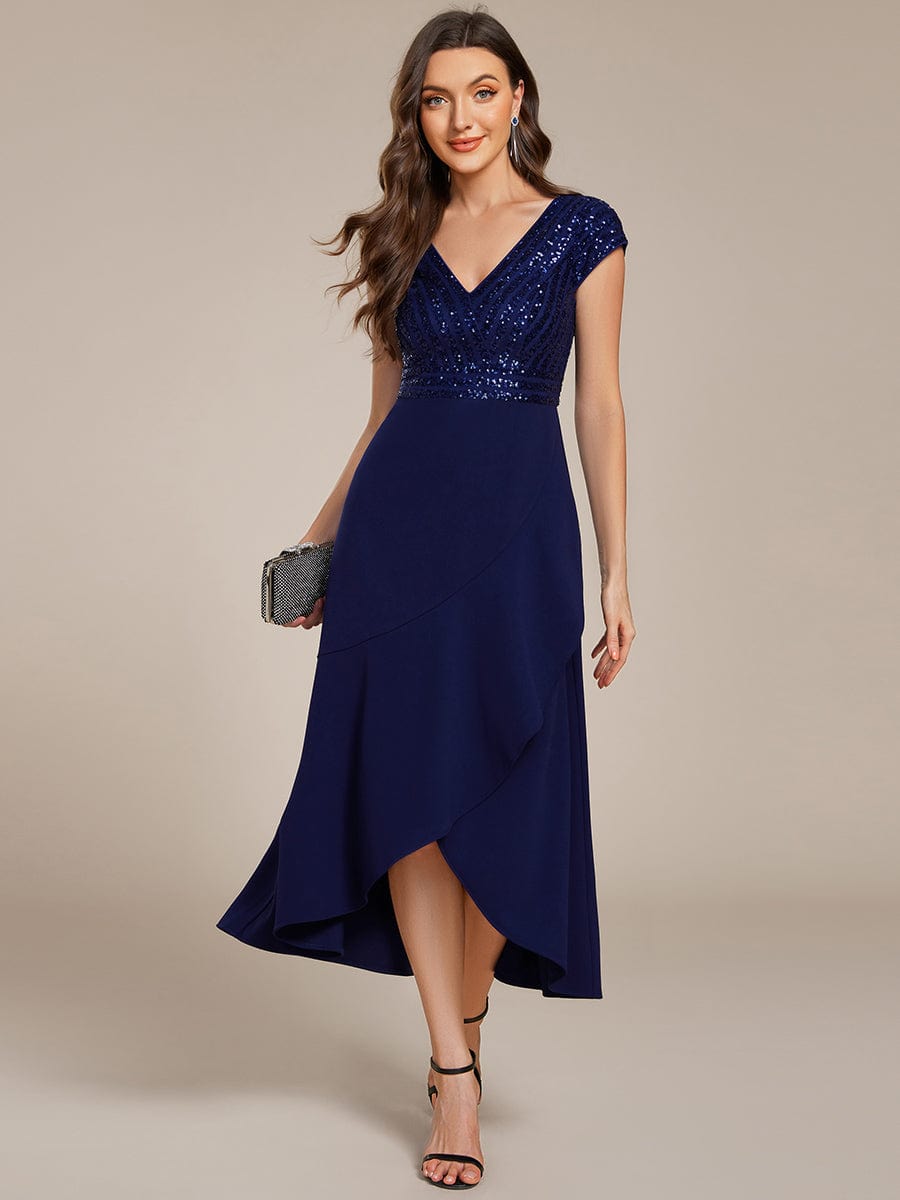 Short Sleeve V-Neck Midi Sequin Formal Dress with Chiffon #color_Navy Blue