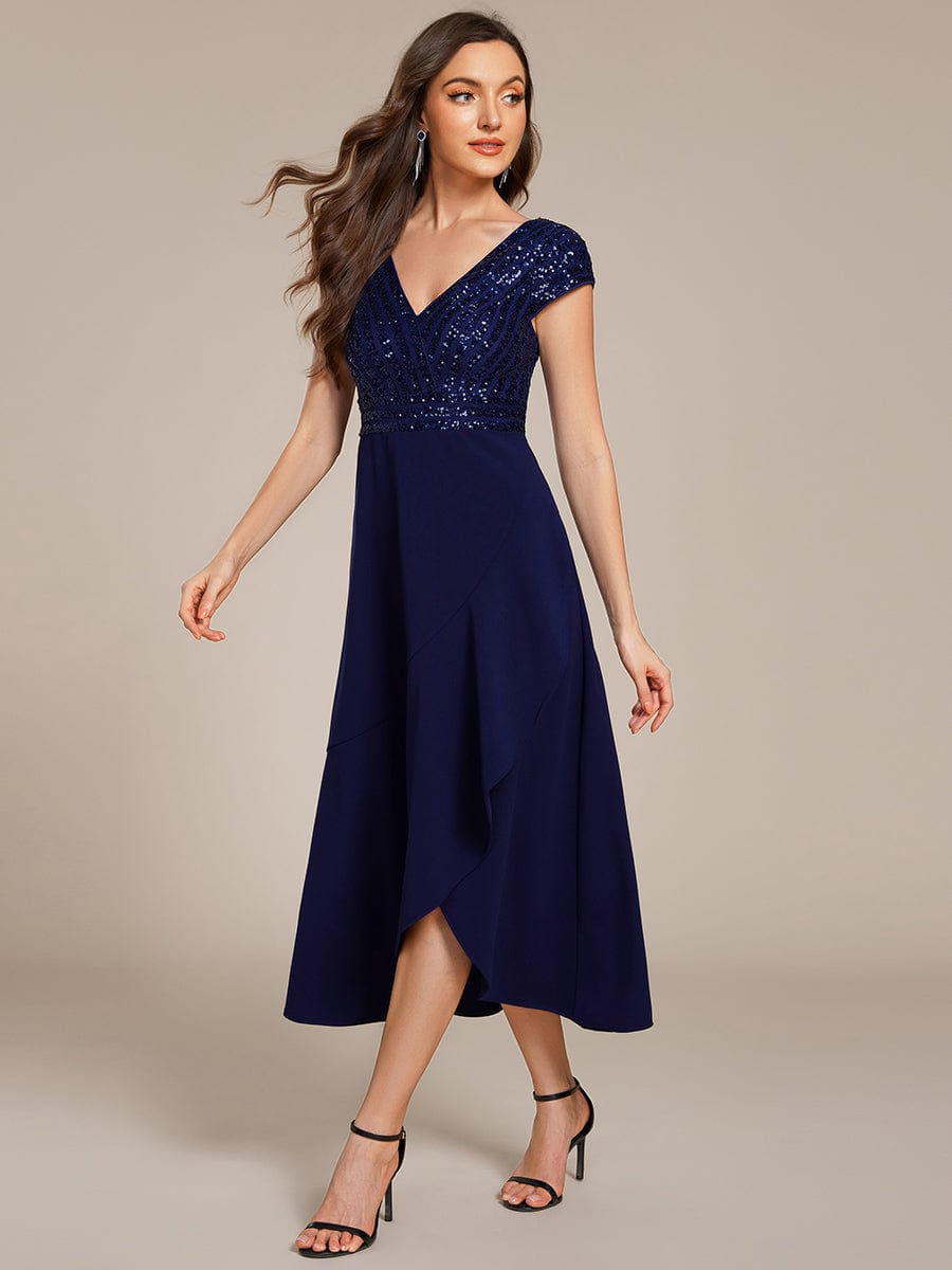 Short Sleeve V-Neck Midi Sequin Formal Dress with Chiffon #color_Navy Blue