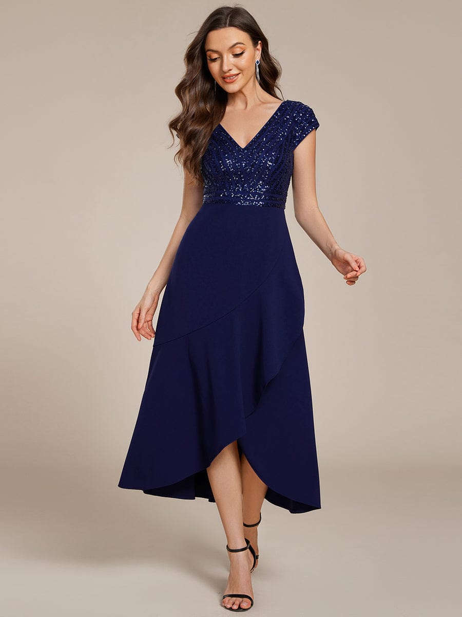 Short Sleeve V-Neck Midi Sequin Formal Dress with Chiffon #color_Navy Blue