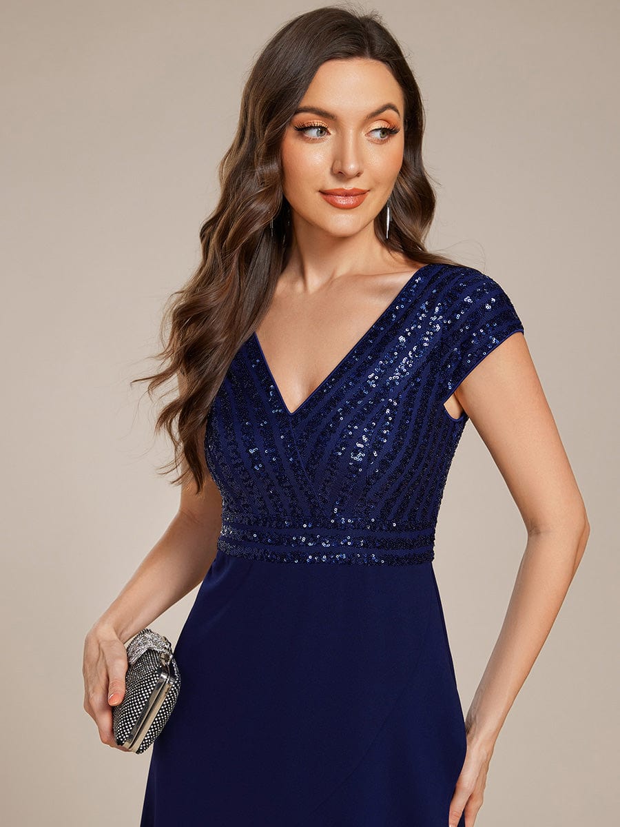 Short Sleeve V-Neck Midi Sequin Formal Dress with Chiffon #color_Navy Blue