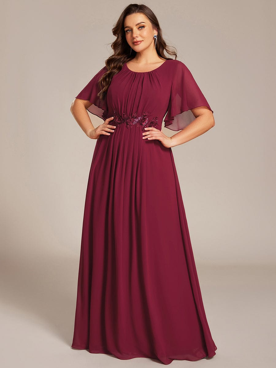 Short Sleeve Pleated Applique A-Line Floor-Length Formal Evening Dress #color_Burgundy