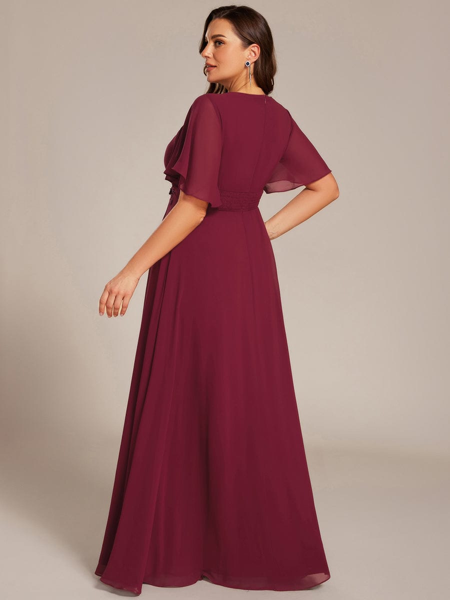 Short Sleeve Pleated Applique A-Line Floor-Length Formal Evening Dress #color_Burgundy