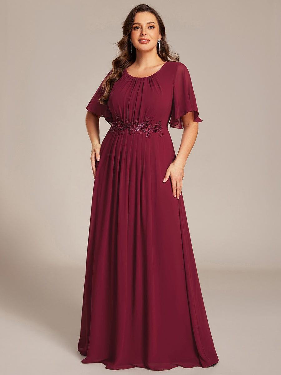 Short Sleeve Pleated Applique A-Line Floor-Length Formal Evening Dress #color_Burgundy