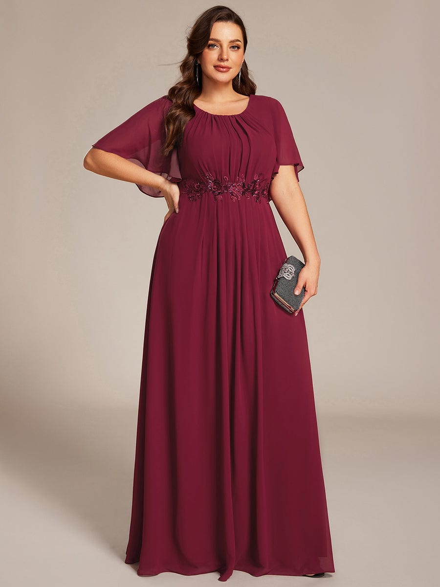 Short Sleeve Pleated Applique A-Line Floor-Length Formal Evening Dress #color_Burgundy