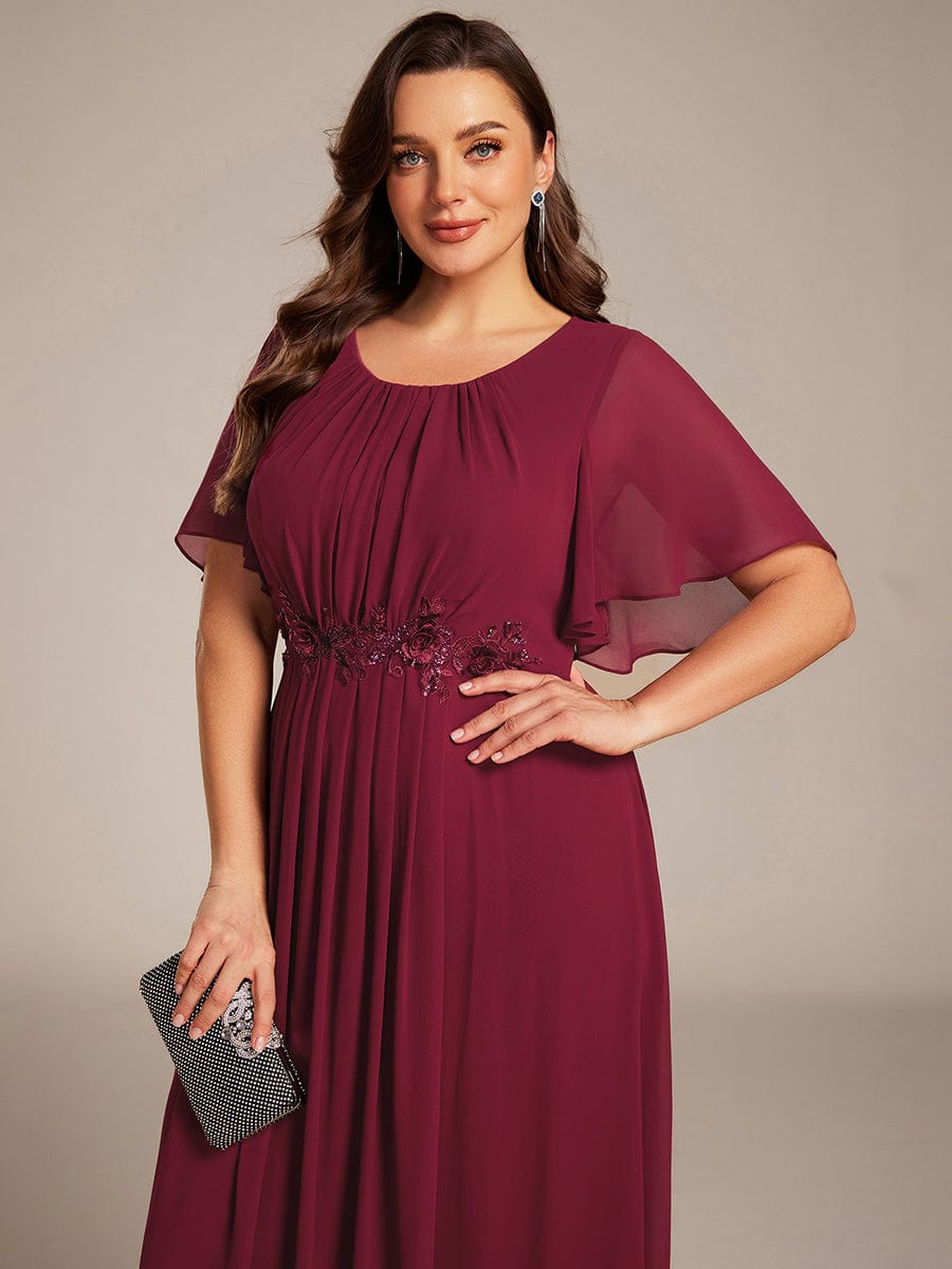 Short Sleeve Pleated Applique A-Line Floor-Length Formal Evening Dress #color_Burgundy