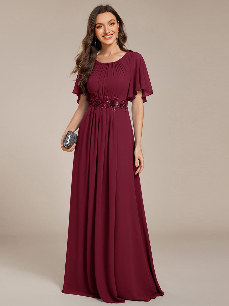 Short Sleeve Pleated Applique A-Line Floor-Length Formal Evening Dress #color_Burgundy