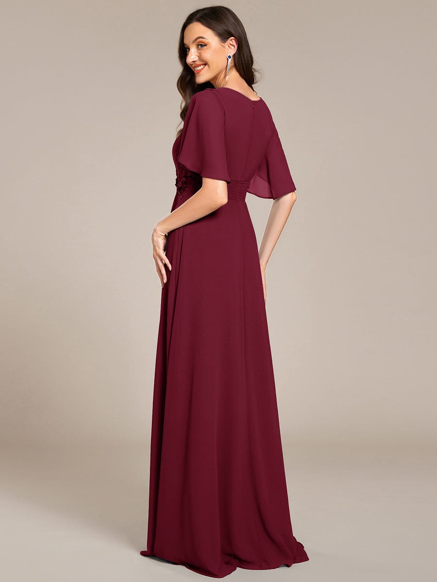 Short Sleeve Pleated Applique A-Line Floor-Length Formal Evening Dress #color_Burgundy