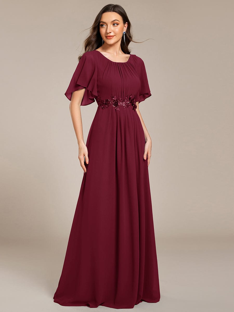 Short Sleeve Pleated Applique A-Line Floor-Length Formal Evening Dress #color_Burgundy