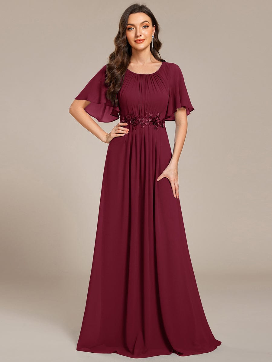 Short Sleeve Pleated Applique A-Line Floor-Length Formal Evening Dress #color_Burgundy