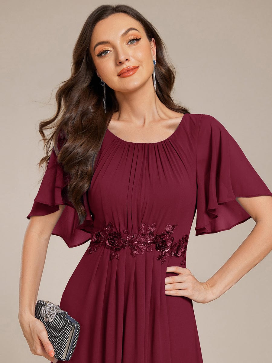 Short Sleeve Pleated Applique A-Line Floor-Length Formal Evening Dress #color_Burgundy