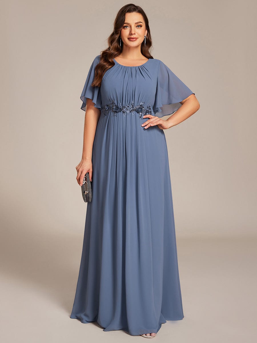 Short Sleeve Pleated Applique A-Line Floor-Length Formal Evening Dress #color_Dusty Blue