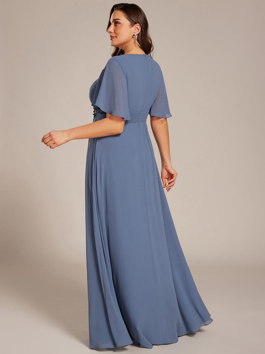 Short Sleeve Pleated Applique A-Line Floor-Length Formal Evening Dress #color_Dusty Blue