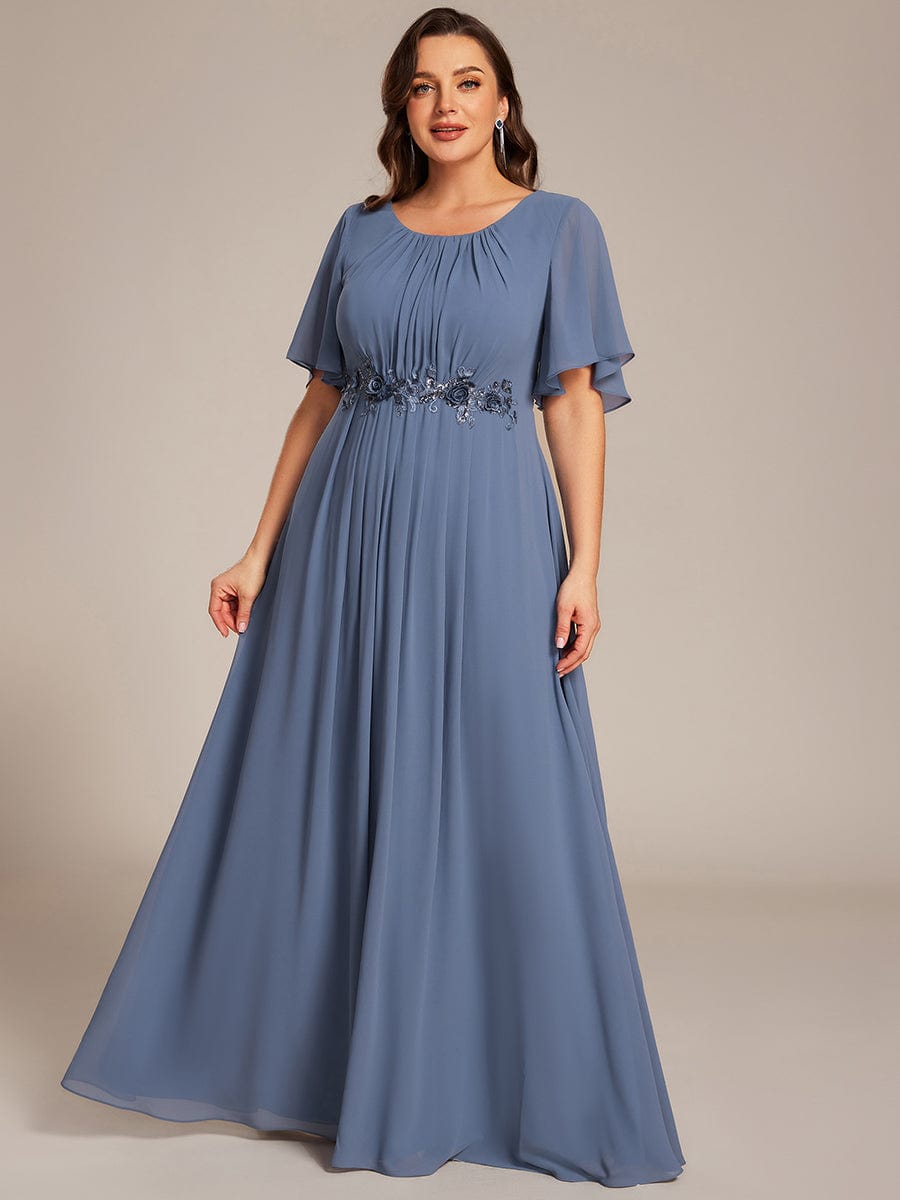 Short Sleeve Pleated Applique A-Line Floor-Length Formal Evening Dress #color_Dusty Blue