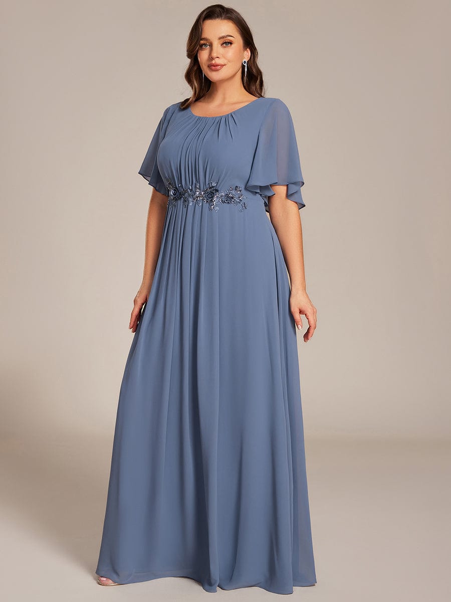 Short Sleeve Pleated Applique A-Line Floor-Length Formal Evening Dress #color_Dusty Blue