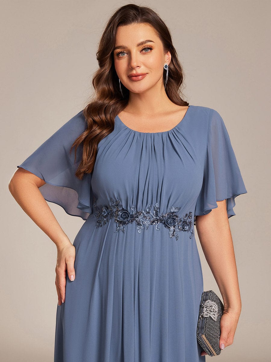 Short Sleeve Pleated Applique A-Line Floor-Length Formal Evening Dress #color_Dusty Blue