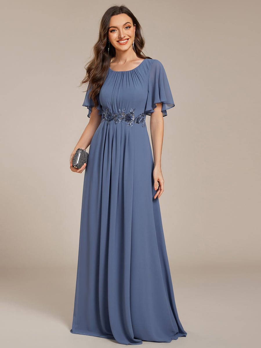 Short Sleeve Pleated Applique A-Line Floor-Length Formal Evening Dress #color_Dusty Blue