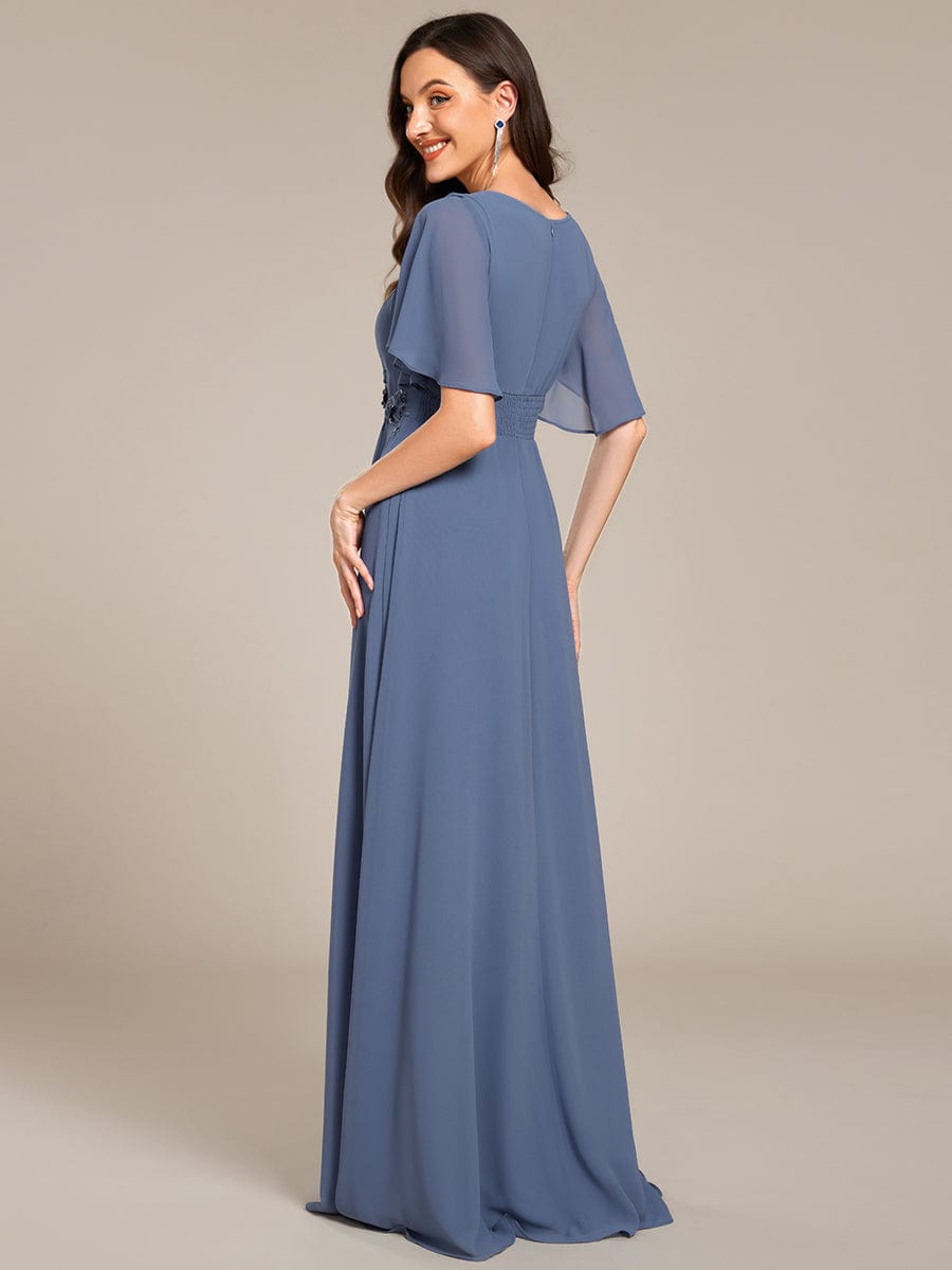 Short Sleeve Pleated Applique A-Line Floor-Length Formal Evening Dress #color_Dusty Blue