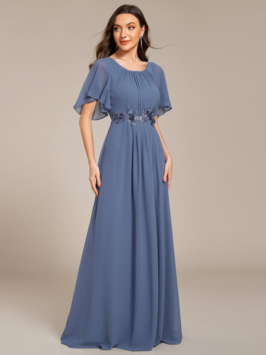 Short Sleeve Pleated Applique A-Line Floor-Length Formal Evening Dress #color_Dusty Blue