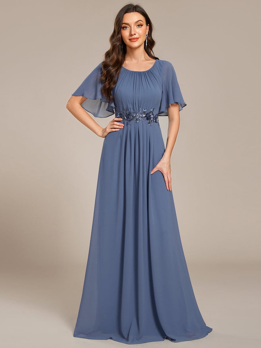 Short Sleeve Pleated Applique A-Line Floor-Length Formal Evening Dress #color_Dusty Blue