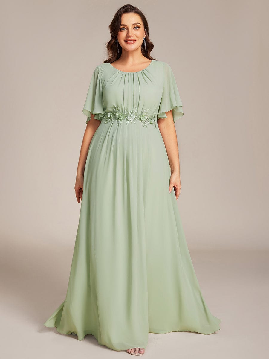 Short Sleeve Pleated Applique A-Line Floor-Length Formal Evening Dress #color_Mint Green