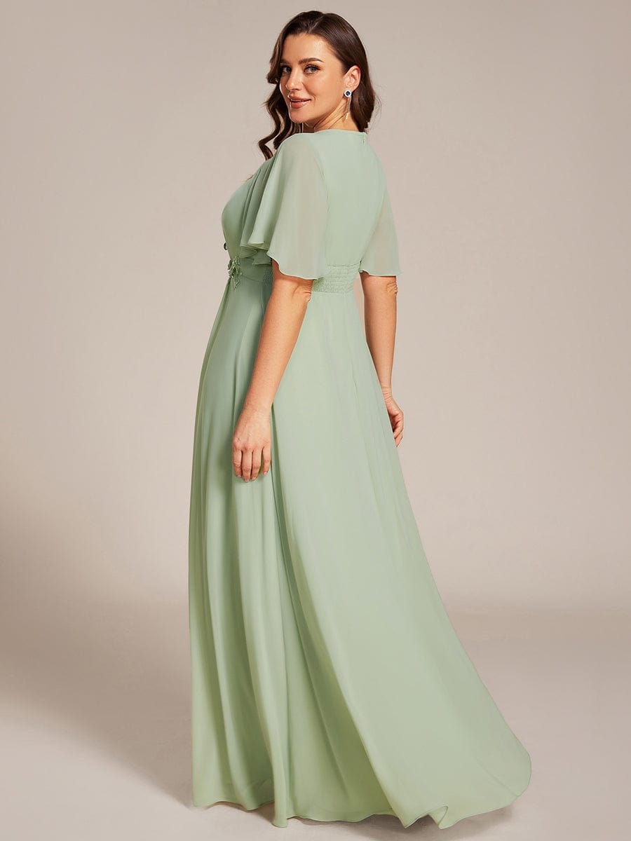 Short Sleeve Pleated Applique A-Line Floor-Length Formal Evening Dress #color_Mint Green