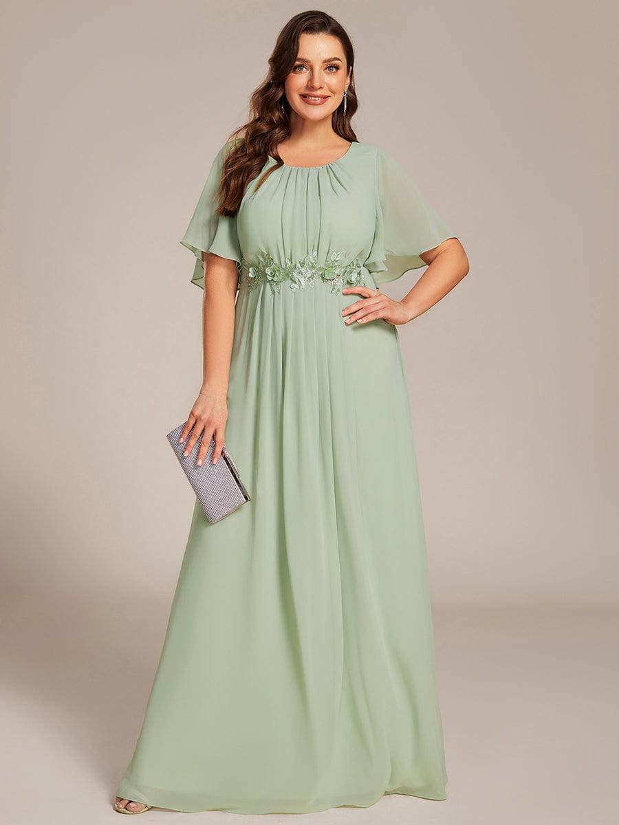 Short Sleeve Pleated Applique A-Line Floor-Length Formal Evening Dress #color_Mint Green