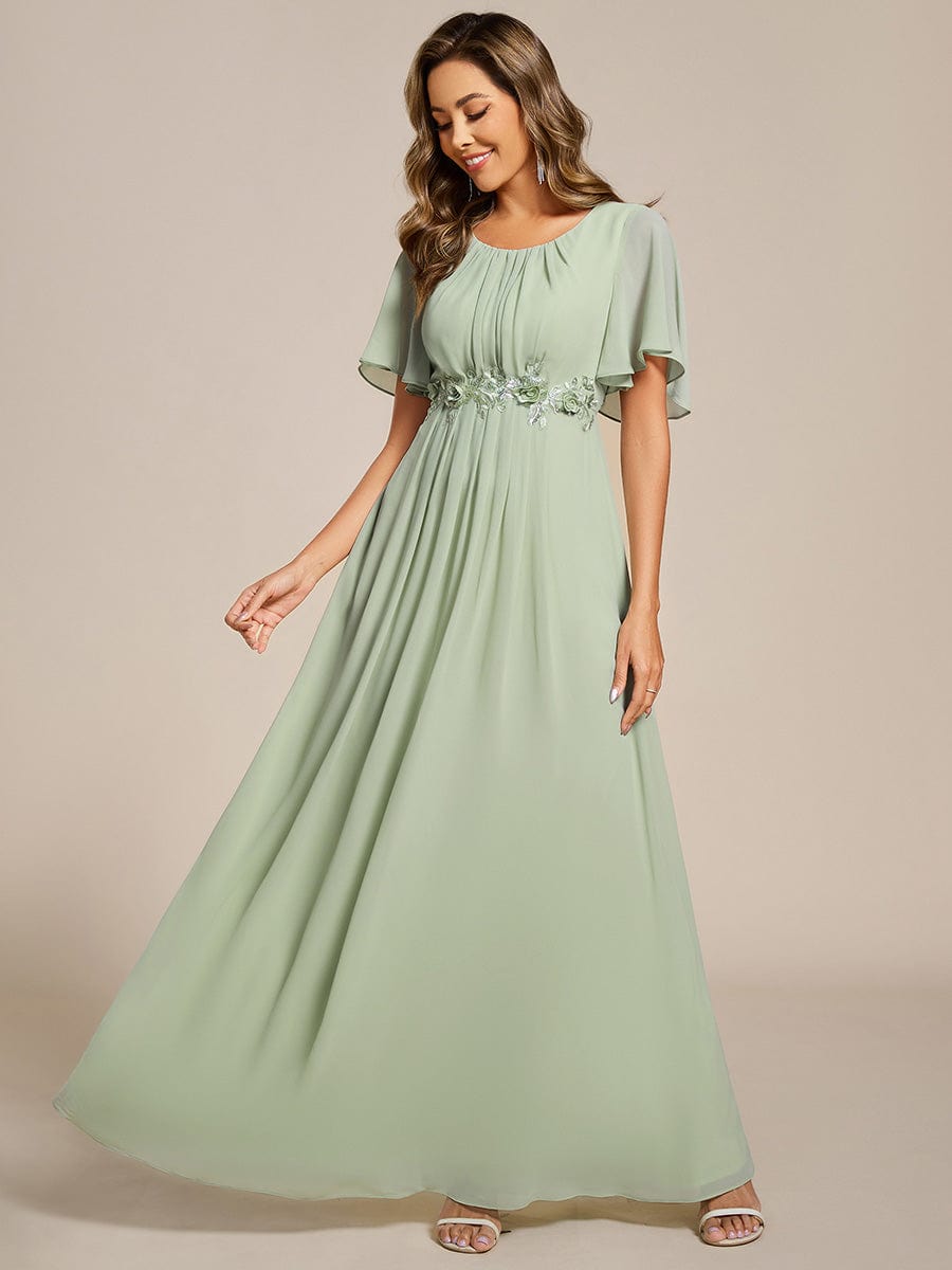 Short Sleeve Pleated Applique A-Line Floor-Length Formal Evening Dress #color_Mint Green