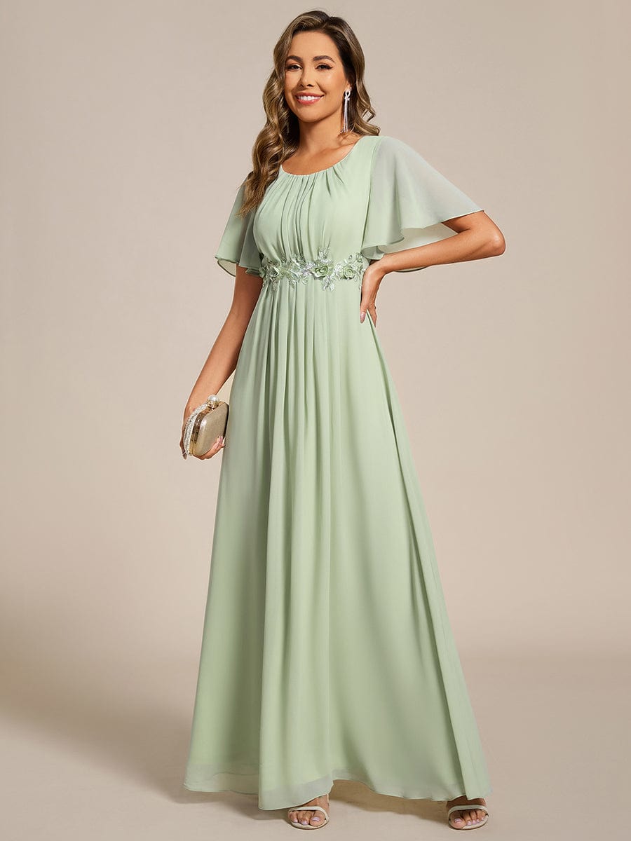 Short Sleeve Pleated Applique A-Line Floor-Length Formal Evening Dress #color_Mint Green