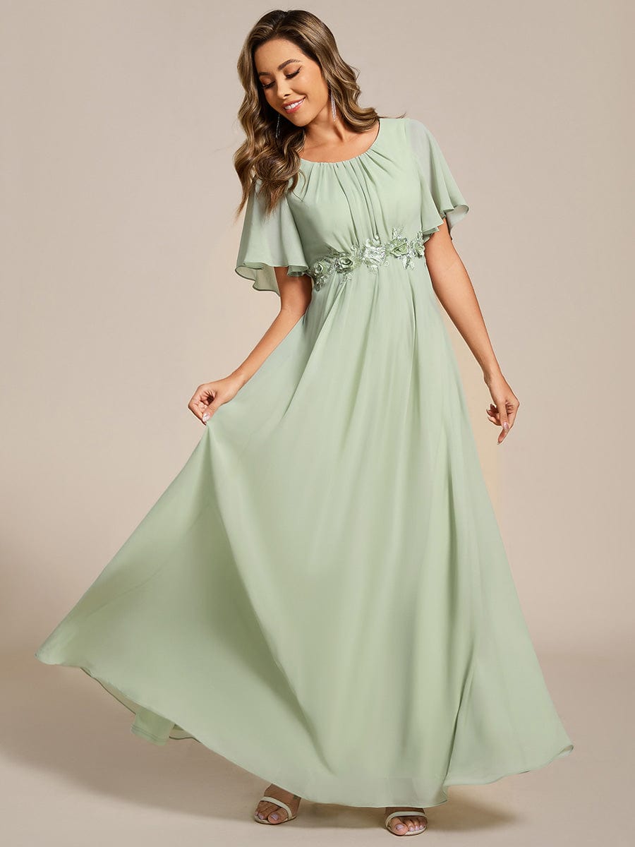 Short Sleeve Pleated Applique A-Line Floor-Length Formal Evening Dress #color_Mint Green