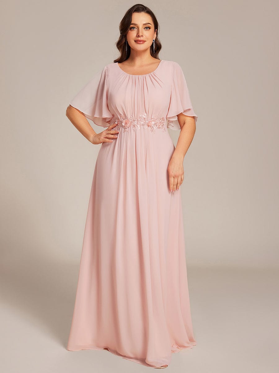 Short Sleeve Pleated Applique A-Line Floor-Length Formal Evening Dress #color_Pink