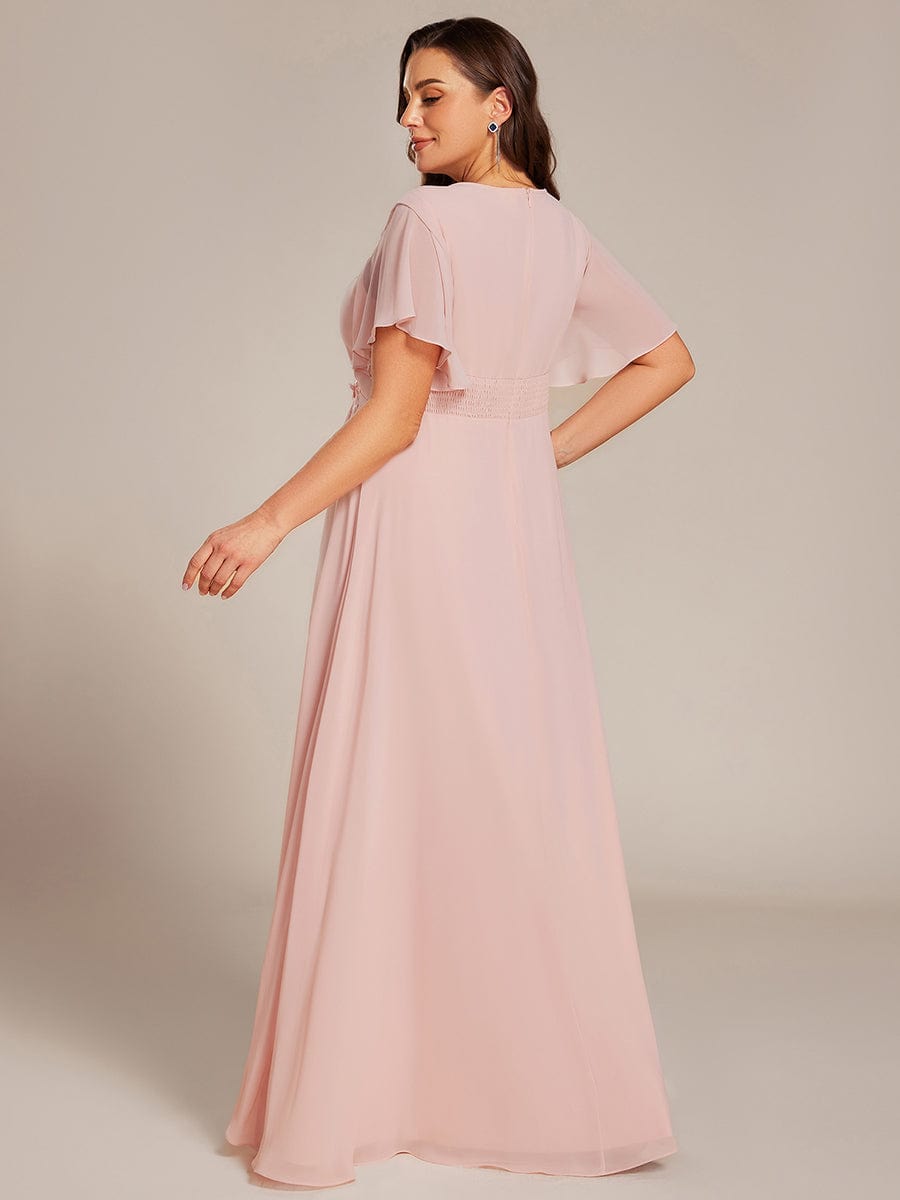 Short Sleeve Pleated Applique A-Line Floor-Length Formal Evening Dress #color_Pink