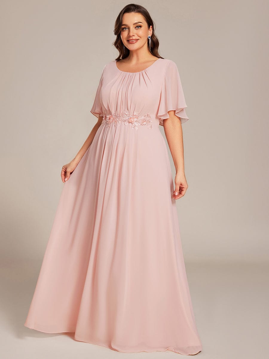 Short Sleeve Pleated Applique A-Line Floor-Length Formal Evening Dress #color_Pink