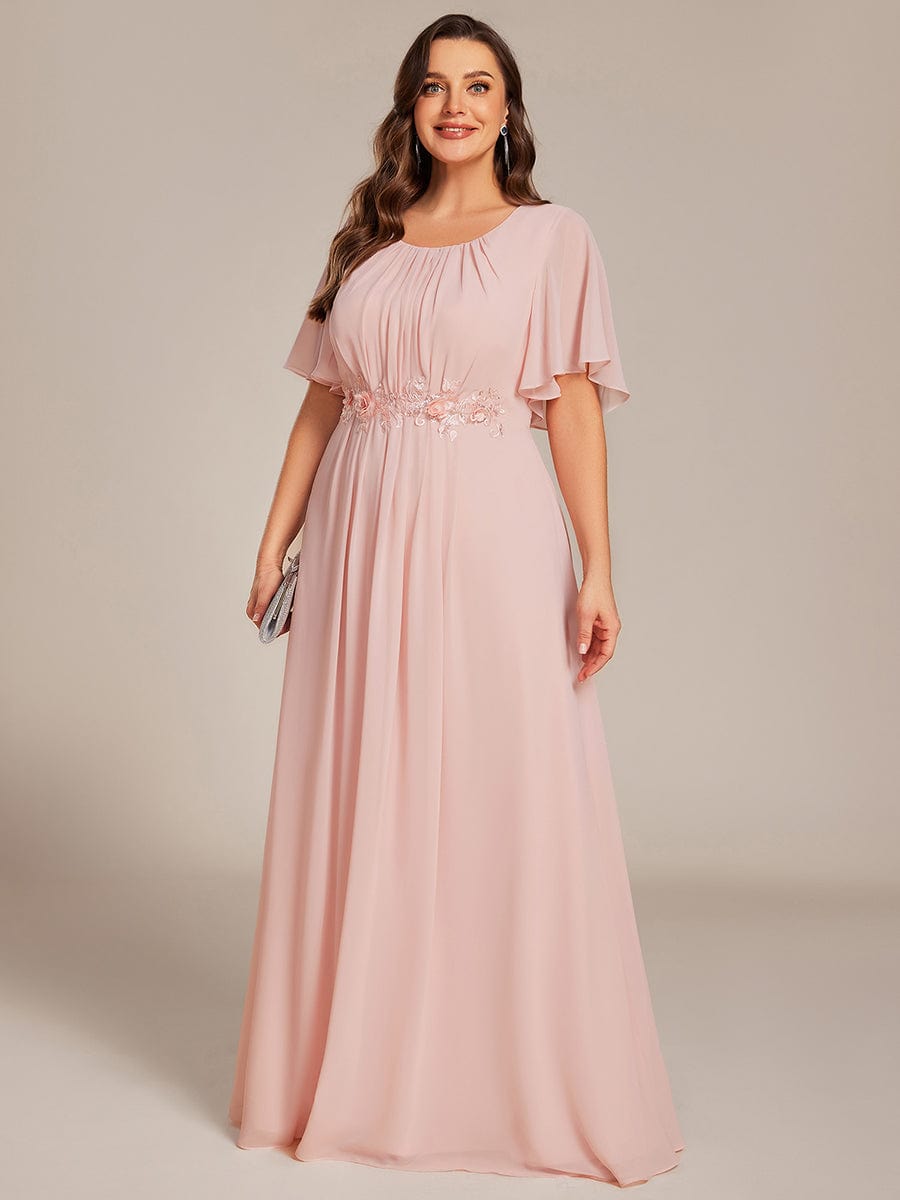 Short Sleeve Pleated Applique A-Line Floor-Length Formal Evening Dress #color_Pink