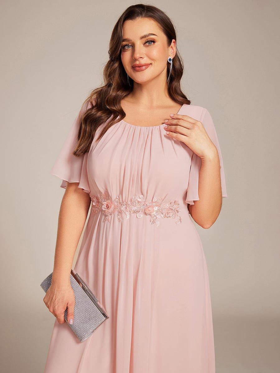 Short Sleeve Pleated Applique A-Line Floor-Length Formal Evening Dress #color_Pink