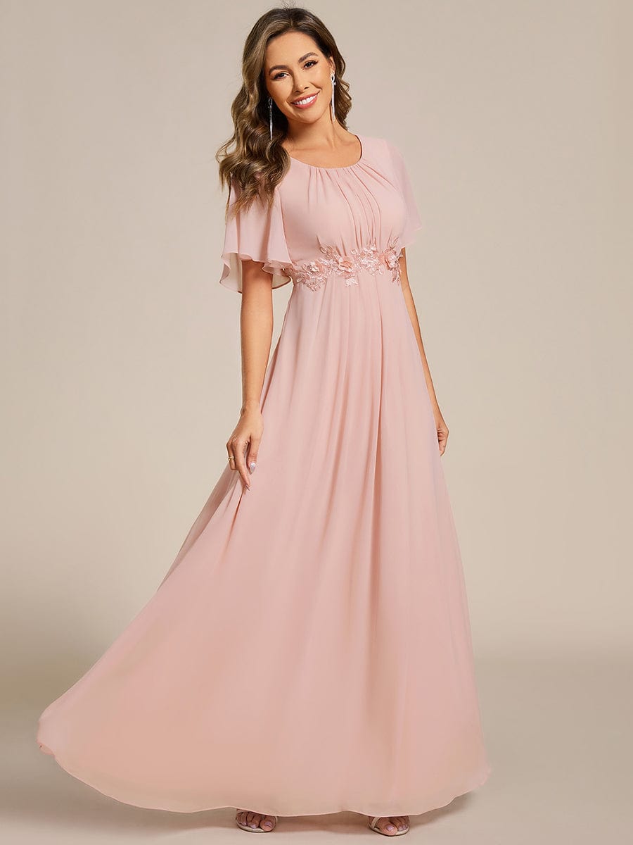 Short Sleeve Pleated Applique A-Line Floor-Length Formal Evening Dress #color_Pink