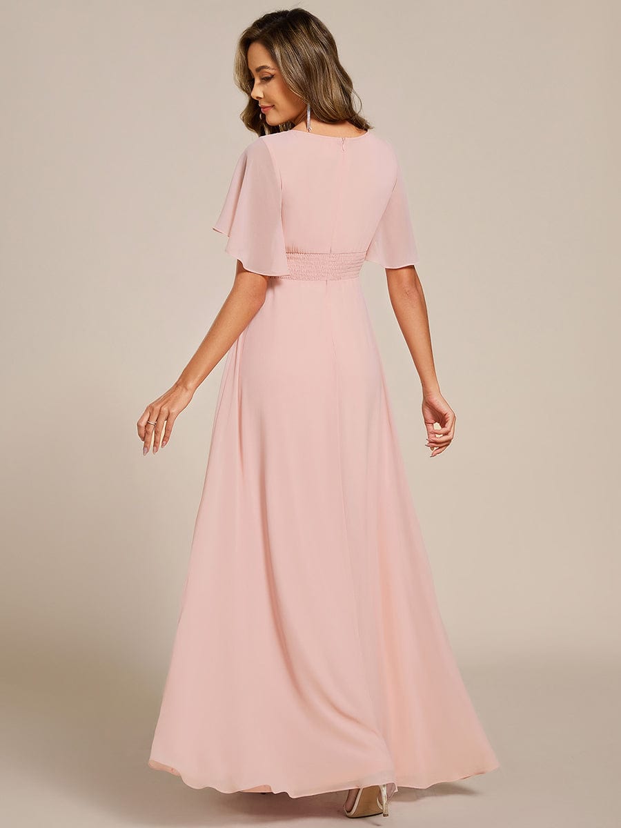 Short Sleeve Pleated Applique A-Line Floor-Length Formal Evening Dress #color_Pink