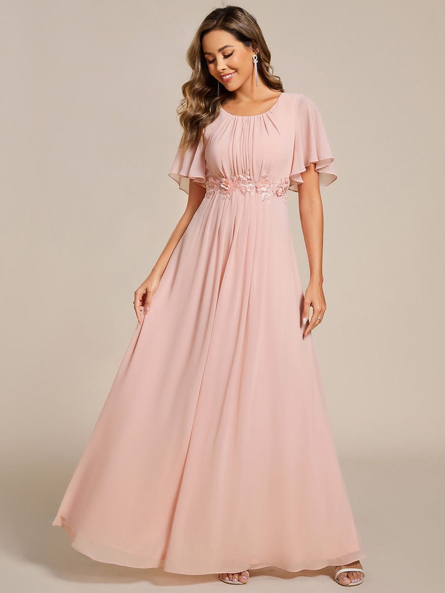 Short Sleeve Pleated Applique A-Line Floor-Length Formal Evening Dress #color_Pink