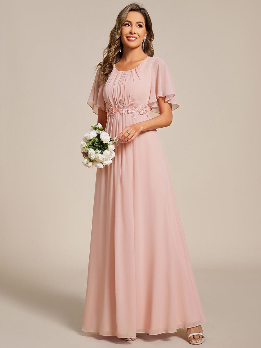 Short Sleeve Pleated Applique A-Line Floor-Length Formal Evening Dress #color_Pink