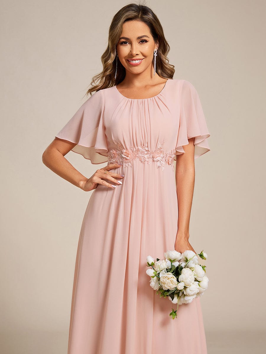 Short Sleeve Pleated Applique A-Line Floor-Length Formal Evening Dress #color_Pink