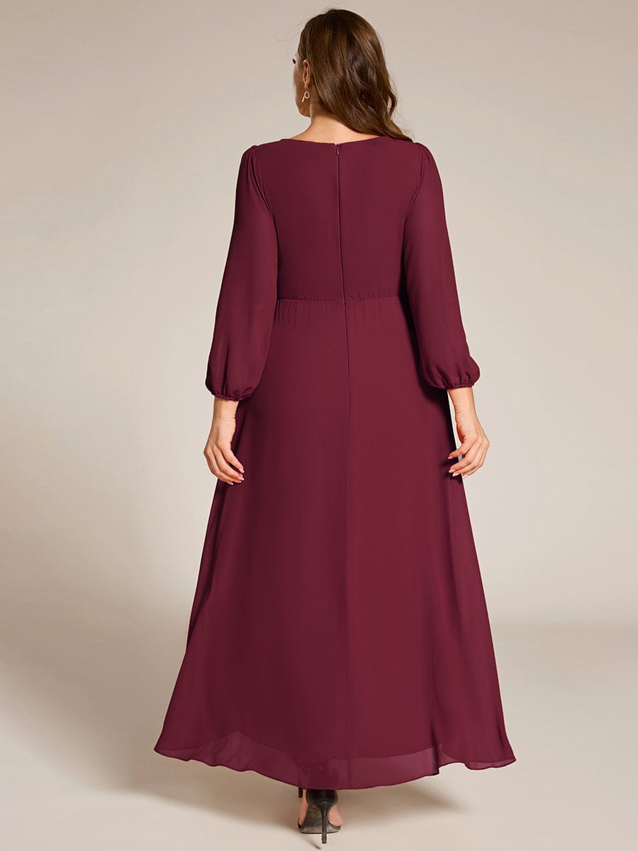 Long Lantern Sleeves Waist Applique Chiffon Formal Evening Dress #color_Burgundy