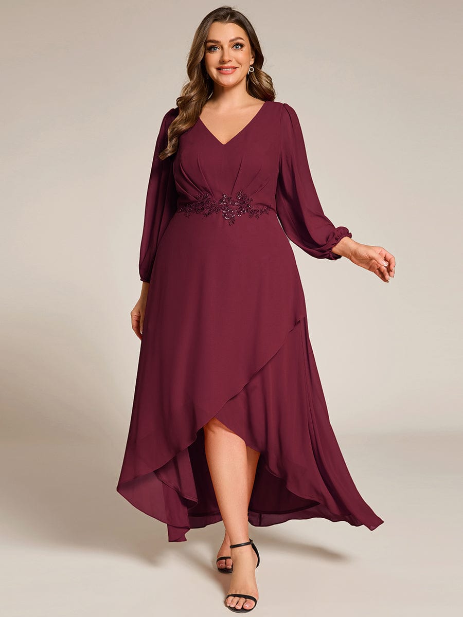 Long Lantern Sleeves Waist Applique Chiffon Formal Evening Dress #color_Burgundy