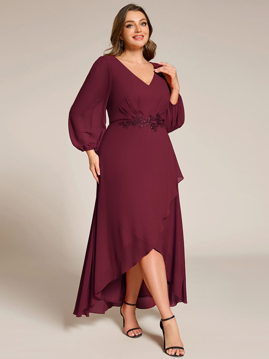 Plus Size V-Neck Long Sleeves Chiffon Formal Evening Dress with Applique #color_Burgundy