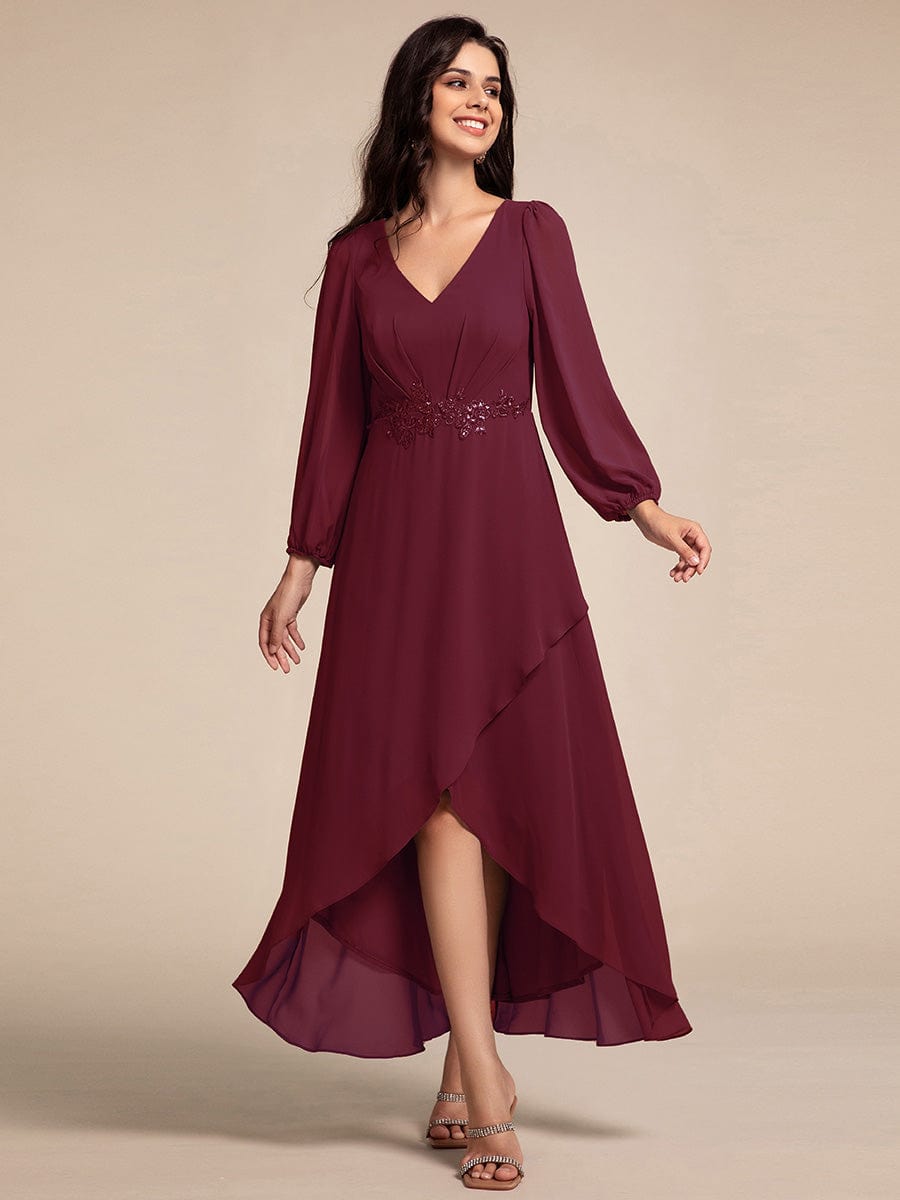 Long Lantern Sleeves Waist Applique Chiffon Formal Evening Dress #color_Burgundy